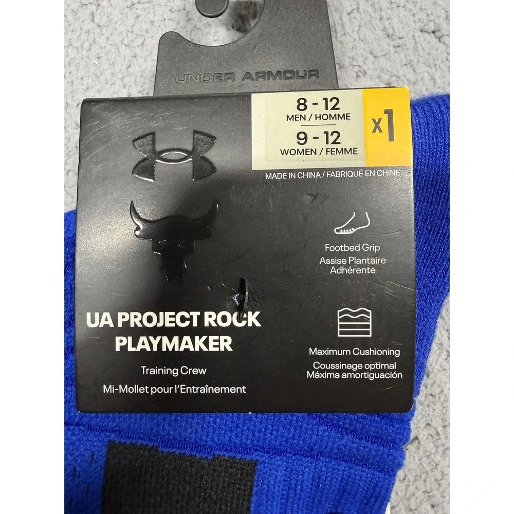 Under‎ Armour Project Rock Playmaker Socks Mens 8-12 Blue Training Crew Mid Calf
